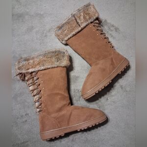 NEW! Rampage Faux Fur Parker Cognac/Tan Lace Up Tall Snow Boots Women's 8